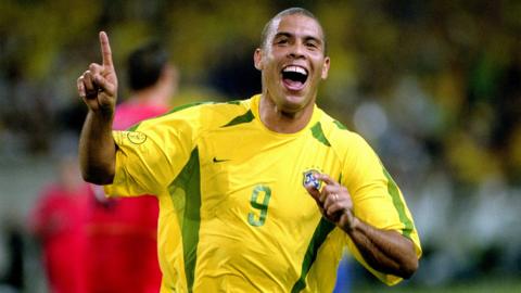 17 June 2002, Kobe : Brazil v Belgium - FIFA World Cup : Ronaldo celebrates after scoring the second goal for Brazil. (Photo by Mark Leech/Offside via Getty Images) 