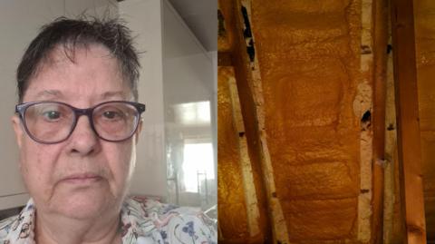 Composite image with a selfie of Patricia to the left looking straight into the camera, wearing glasses and a bright coloured blouse with a window and white wall in the background, and a close-up of foam insulation between roof rafters to the right.