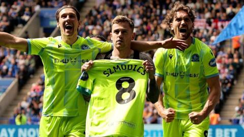 Sammie Szmodics celebrates scoring in Blackburns Rovers' win at Leicester City
