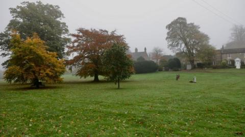 The misty Romaldkirk Village Green. There are several mature trees with yellow autumn leaves on the grass. A two-storey stone house is in the background. 