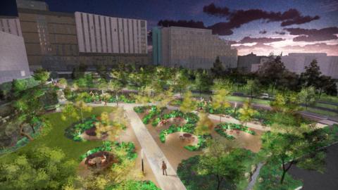 Artist's impression of how the redevelopment on the former Royal Liverpool University Hospital including a new road, footpath and cycleway to connect the hospital's main entrance to Prescot Street could look. It shows people walking down the footpath and people sitting in seating areas in the gardens. 