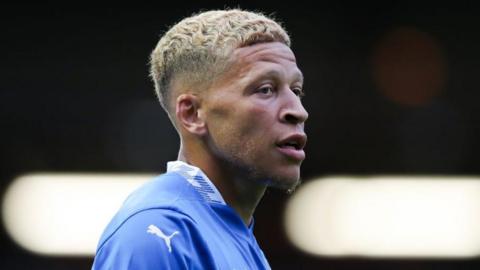 Trialist Dwight Gayle of Stockport County during the pre-season friendly match between Stockport County and Blackburn Rovers at Edgeley Park on August 02, 2024 in Stockport, England.