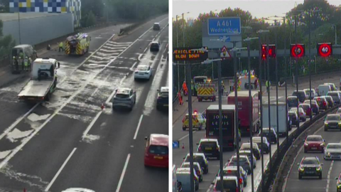 Composite of the M6 motorway showing long queues of traffic on the right hand side. The left hand side shows a fire engine parked near to cars on a slipper stretch of road