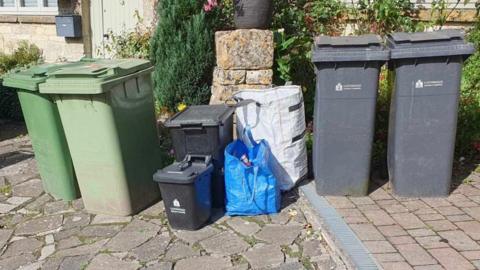 Garden, food, recycling and general waste bins lined up outside someone's house