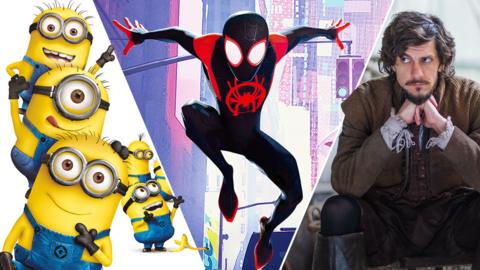 Split image of 3 minions standing on top of each other, animated Spider-Man from Spider-Man: Into the Spider-Verse, and Matthew Baynton as William Shakespeare in 'Bill'