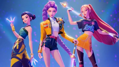 animated Kpop Demon Hunter stars Zoey, Rumi and Mira posing holding sparkly weapons