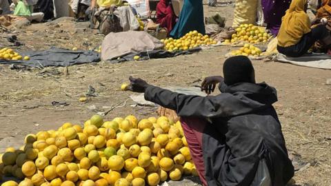 A pile of oranges is in the foreground with a vendor sitting next to it on the dusty ground. He has his back to the cameral. Other piles of oranges can be seen in the background.