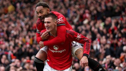 Benjamin Sesko celebrates scoring for Manchester United against Aston Villa