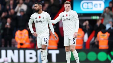 Douglas Luiz and Elliot Anderson of Nottingham Forest looks dejected after Eli Kroupi (not pictured) of AFC Bournemouth scores his team's second goal during the Premier League match between Bournemouth and Nottingham Forest