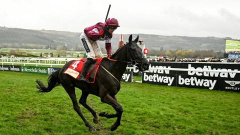 Jockey Keith Donoghue and Delta Work winning the 2023 Glenfarclas Chase