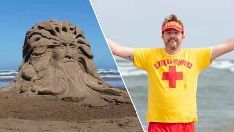 A split image of a piece of art made out of sand and Iain Stirling