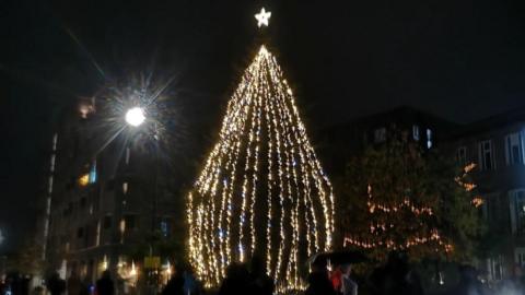 The Christmas tree outside Maidenhead town hall. It is night time.