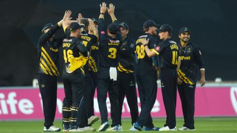 Glamorgan's men celebrate during a Vitality Blast South group game last season