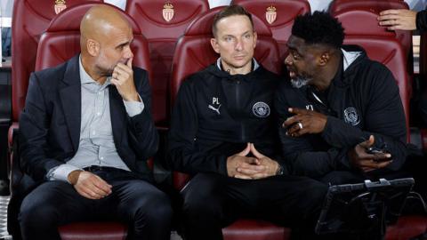 Coach of Manchester City Pep Guardiola, assistant-coaches Pepijn Lijnders and Kolo Toure during the UEFA Champions League 2025/26 League Phase MD2 football match between AS Monaco