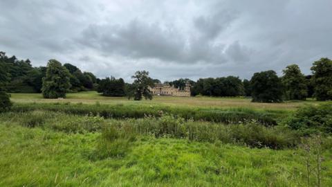 A country house set in land, some of it overgrown, and surrounded by trees.