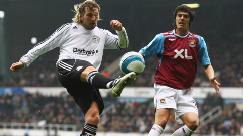  Robbie Savage of Derby County and Paul Tomkins of West Ham United