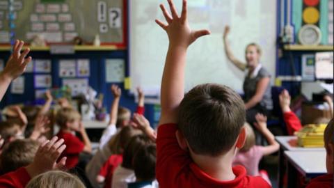 A classroom of children with their backs to the camera. The kids are wearing red tops and some of them have their hands up. A female teacher is at the front of the class wearing a grey top with her hand up also.