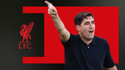 Andoni Iraola pointing his finger in the air, in front of a red and black background and the Liverpool club badge