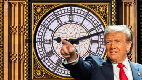 Collage pic of Donald Trump pointing at Big Ben