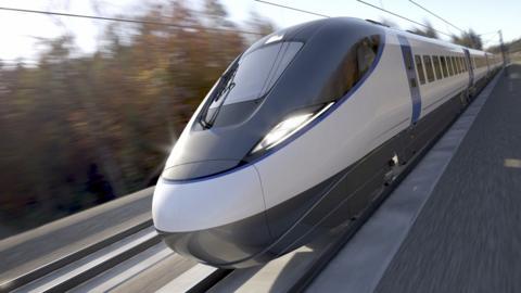 An artist's impression of what a HS2 train looks like - here it's seen moving on a railway