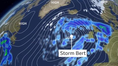 Pressure chart showing Storm Bert to the west of the UK