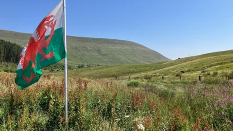 A Welsh flag sitting near Pen y Fan. Rolling hills can be seen in the background.