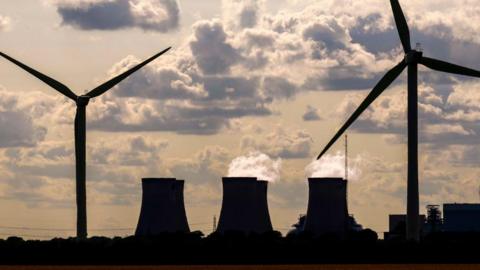 Wind turbines and towers at Drax Power Station.