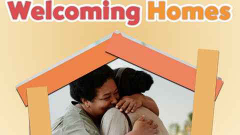 The logo for the new Welcoming Homes programme: two women embracing in the middle of a yellow and orange cartoon house with "Welcoming Homes" written above it in red and yellow writing