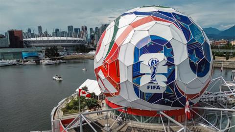 VANCOUVER, BRITISH COLUMBIA - JUNE 03: Aerial view of Science World after the completion of the FIFA World Cup 2026 match ball installation on June 03, 2026 in Vancouver, British Columbia. Built as the signature Expo Centre for Expo 86, the landmark's geodesic dome has been transformed with 131 custom-shaped panels into a giant recreation of the Adidas Trionda, the official match ball of the FIFA World Cup 2026, ahead of the tournament's arrival in Vancouver. (Photo by Elizabeth Ruiz Ruiz/Getty Images)
