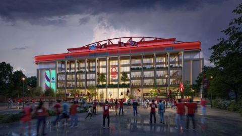 A visual of the City Ground under new plans. There is a glass exterior and a club badge on the ground with visualised images of people wearing red standing outside the ground.