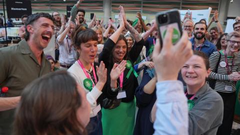 Green party supporters celebrating in Hackney