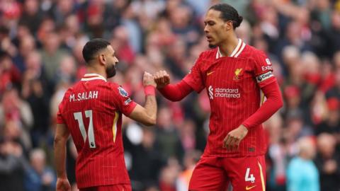 Mohamed Salah and Virgil van Dijk bump fists