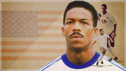 A graphic showing Desmond Armstrong with a USA flag background