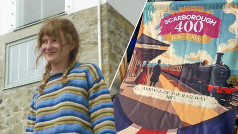 Split image of Hannah Grahamslaw (left) in a stripey top, and a deckchair using AI art (right)