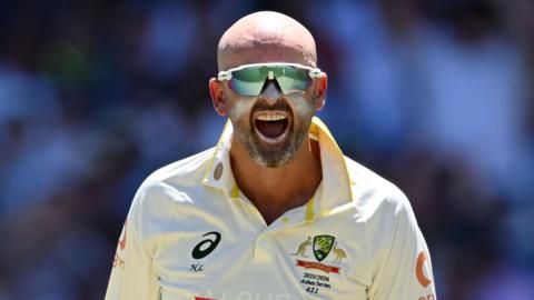 Australia's Nathan Lyon celebrates a wicket in the third Ashes Test in Adelaide