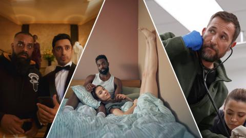 Split image of stills from TV shows Bait (left), Babies (middle) and The Pitt (right)