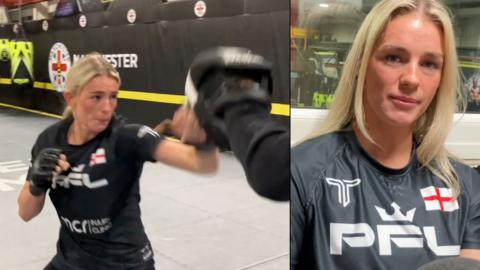 Two images of MMA fighter Sammy-Jo Luxton. On the left she is boxing in the gym on the right she is being interviewed