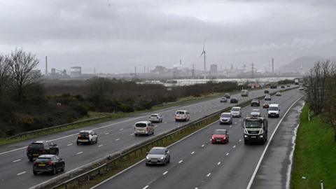 Cars on M4 motorway near Tata Steel Port Talbot in south Wales