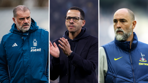 A split picture of Ange Postecoglou, Liam Rosenior and Igor Tudor