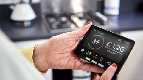 A woman holds a smart meter device whilst standing in a kitchen.
