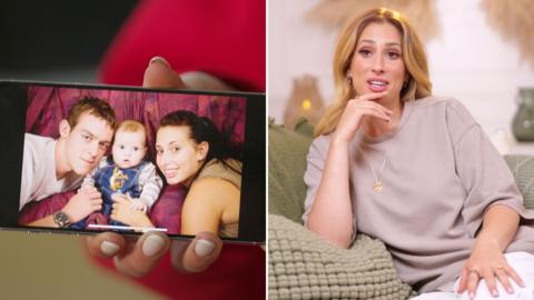A split of Stacey Solomon and a phone showing an old photo of her with Zack’s dad and Zack as a baby.