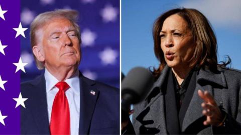 Donald Trump, on the left, wears a red tie and blue suit, while Kamala Harris, on the right, wears a grey suit