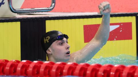 Filip Nowacki celebrates winning the British 200m breaststroke title.