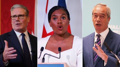 Keir Starmer, a grey-haired man in a black jacket and black tie speaks in front of a red backdrop. Kemi Badenoch, a woman with dark braids tied back from her face speaks in front of a union jack. Nigel Farage, a man with grey hair and a purple striped tie speaks in front of a turquoise backdrop.