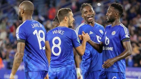 Wilfred Ndidi celebrates with Harry Winks after scoring for Leicester in their EFL Cup tie against Tranmere Rovers