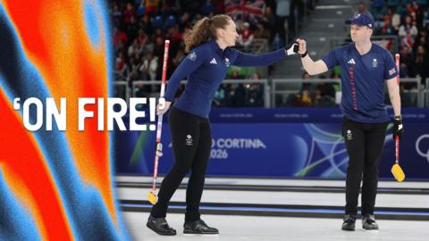 Jen Dodds and BruceMouat fist bump at the Curling Mixed Doubles against Canada on day one of the 2026 Winter Olympics
