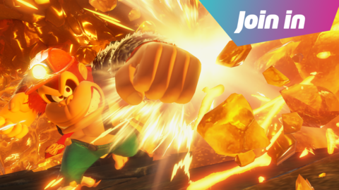donkey kong wearing green trousers and a red helmet with a torch on it, punching through some molten rock - there's a graphic that says join in in the top right hand corner.