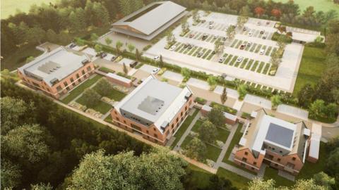 A CGI image of thee apartment blocks, a car park and a church hall surrounded by trees.