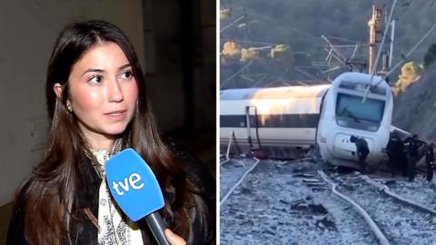 Split screen images of woman with long brown hair speaking into a microphone, and white trian derailed in crash.
