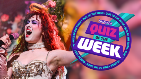 chappell roan sings with microphone and quiz of the week logo